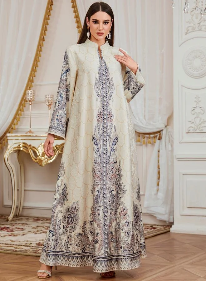 تايك تو جلابية نسائية بطبعة زهور مزينة بلؤلؤ صناعي